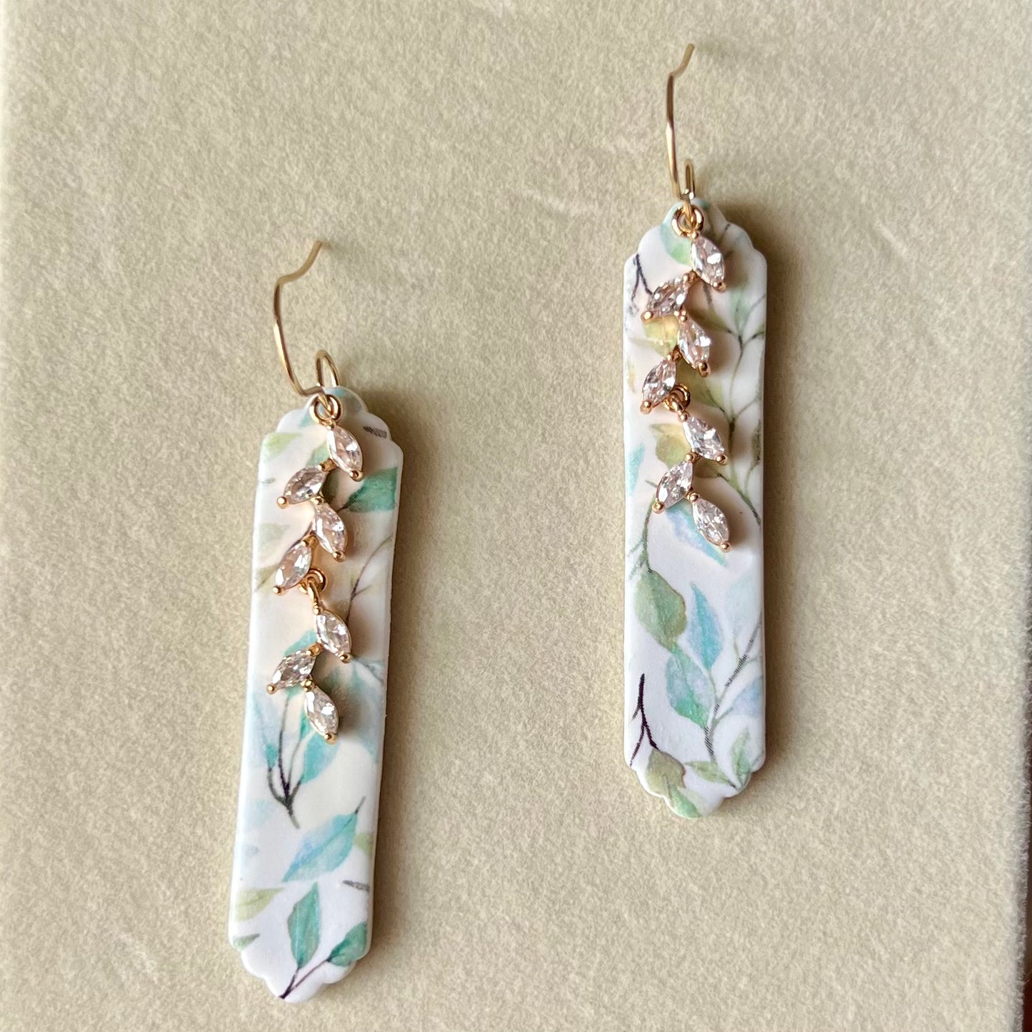 Spring Floral & CZ Vine Pendant Polymer Clay Dangle Earrings