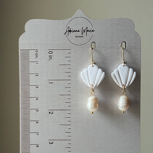 White Shell & Freshwater Pearl Polymer Clay Dangle Earrings