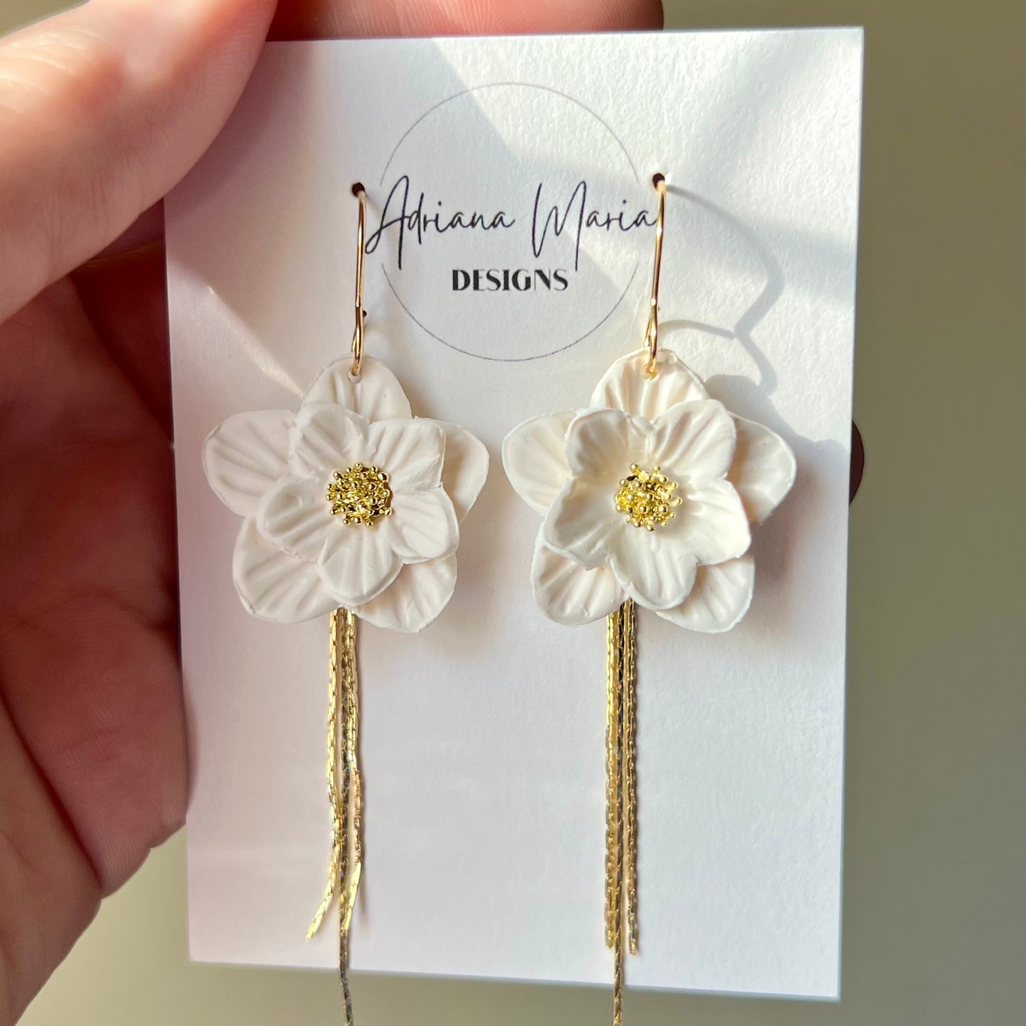 White Flower & Chain Polymer Clay Dangle Earrings