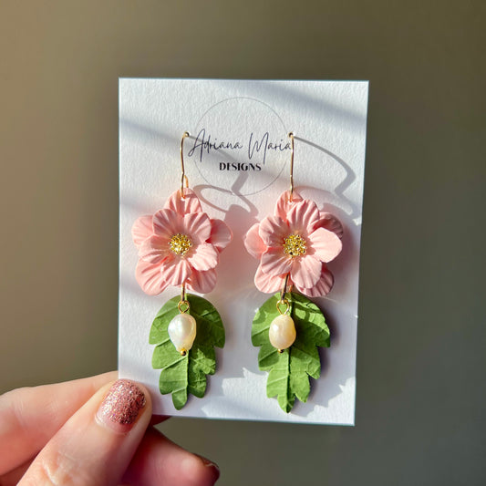 Peachy Pink Flower & Peal Polymer Clay Earrings