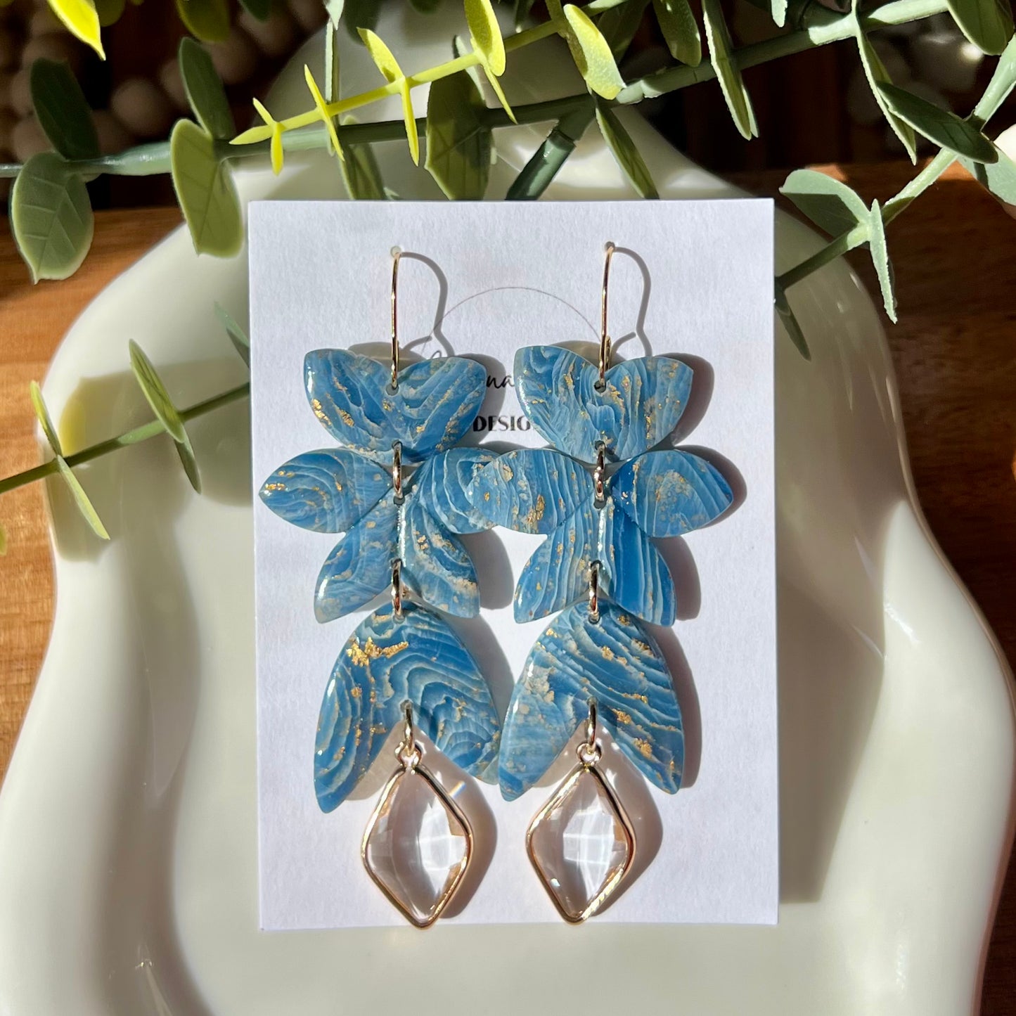 Blue Agate Marbled Polymer Clay Statement Earrings