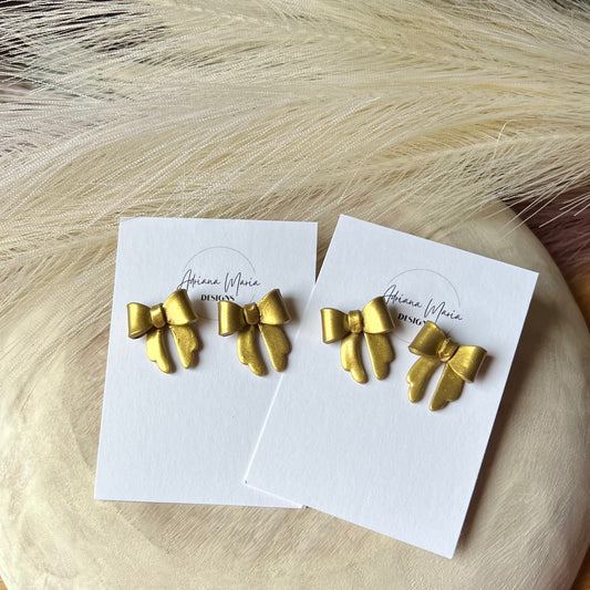 Polymer Clay Stud Earrings - Antique Gold Shimmer Bow