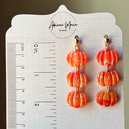 Polymer Clay Earrings - Orange Marbled Agate-inspired Autumn Triple Pumpkin Dangles