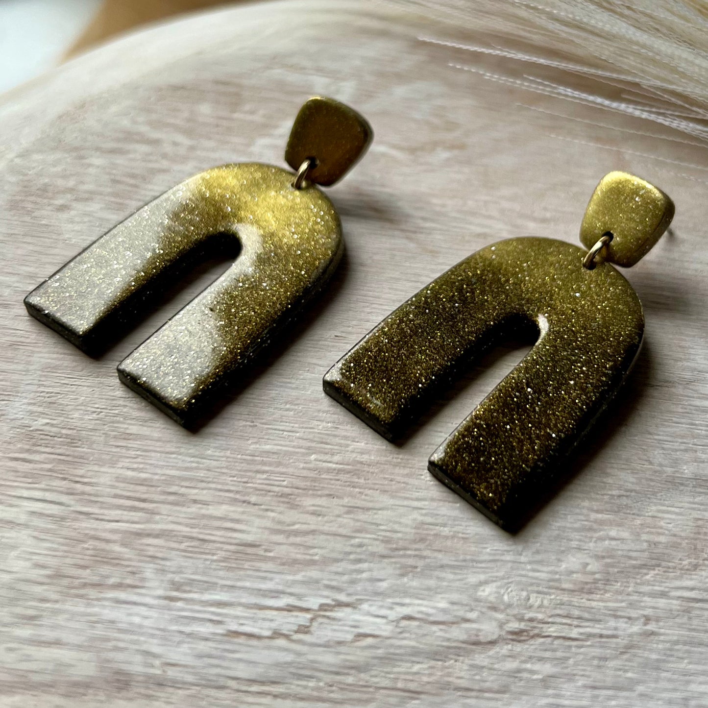 Black & Antique Gold Glitter Ombré Arches Polymer Clay Earrings