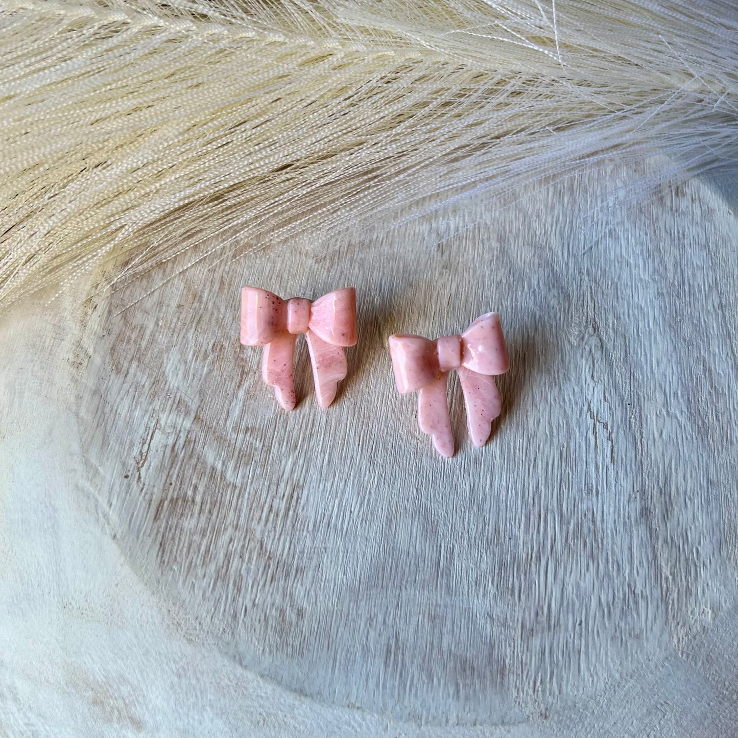 Soft Pink Marbled Bow Polymer Clay Stud Earrings