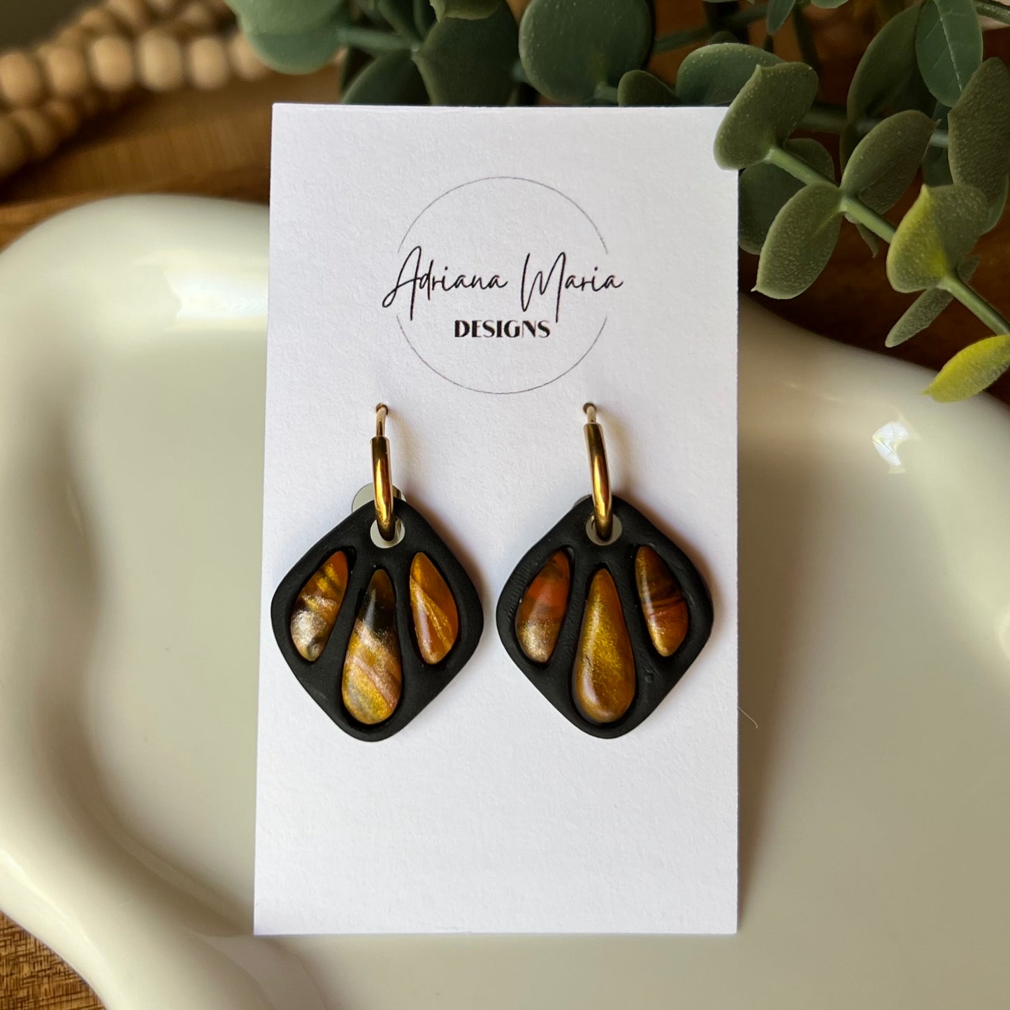 Amber Flame: Bezel Polymer Clay Huggie Hoop Earrings
