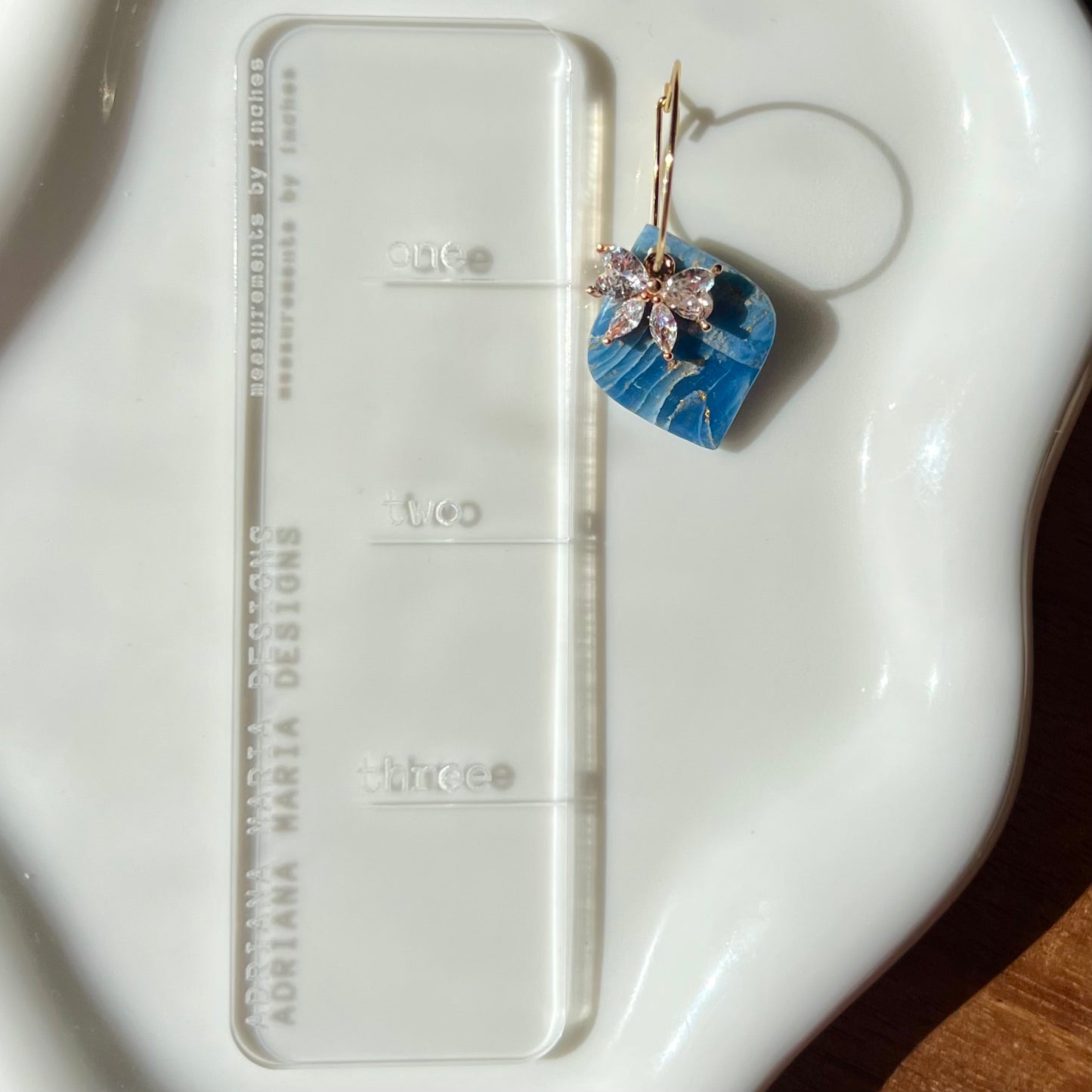 Blue Agate Diamond Shaped Polymer Clay Hoop Earrings with Bow CZ Pendant