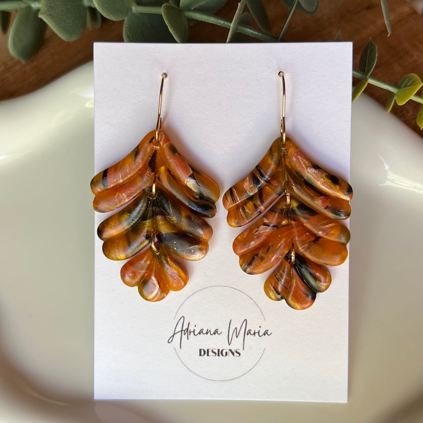 Amber Flame: Foliage Polymer Clay Earrings