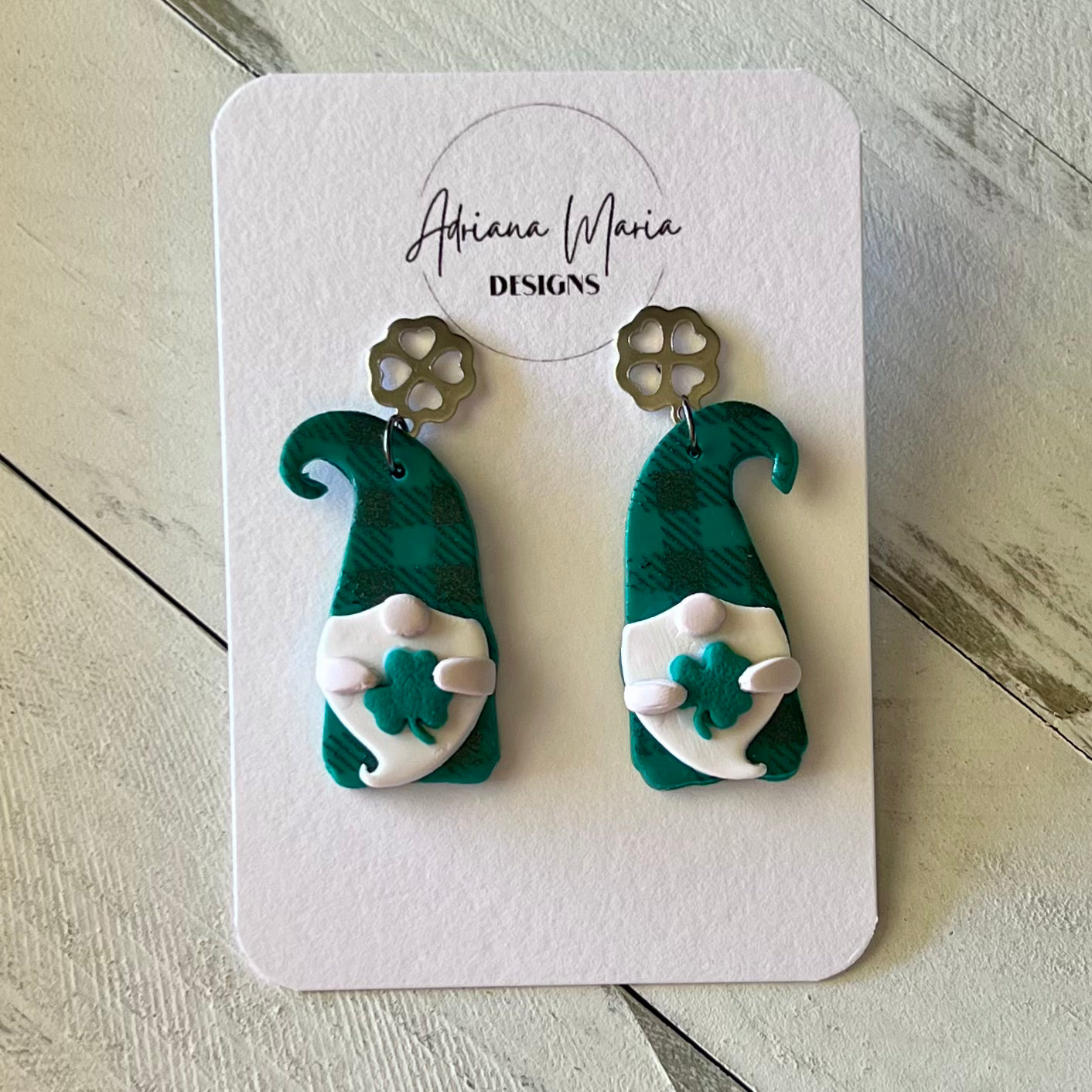 Green & Black Gingham Print Gnome Polymer Clay Earrings