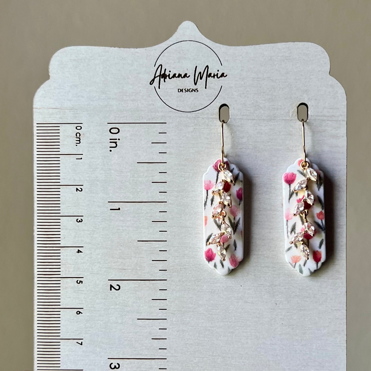Tulip Floral Print & CZ Vine Pendant Polymer Clay Dangle Earrings