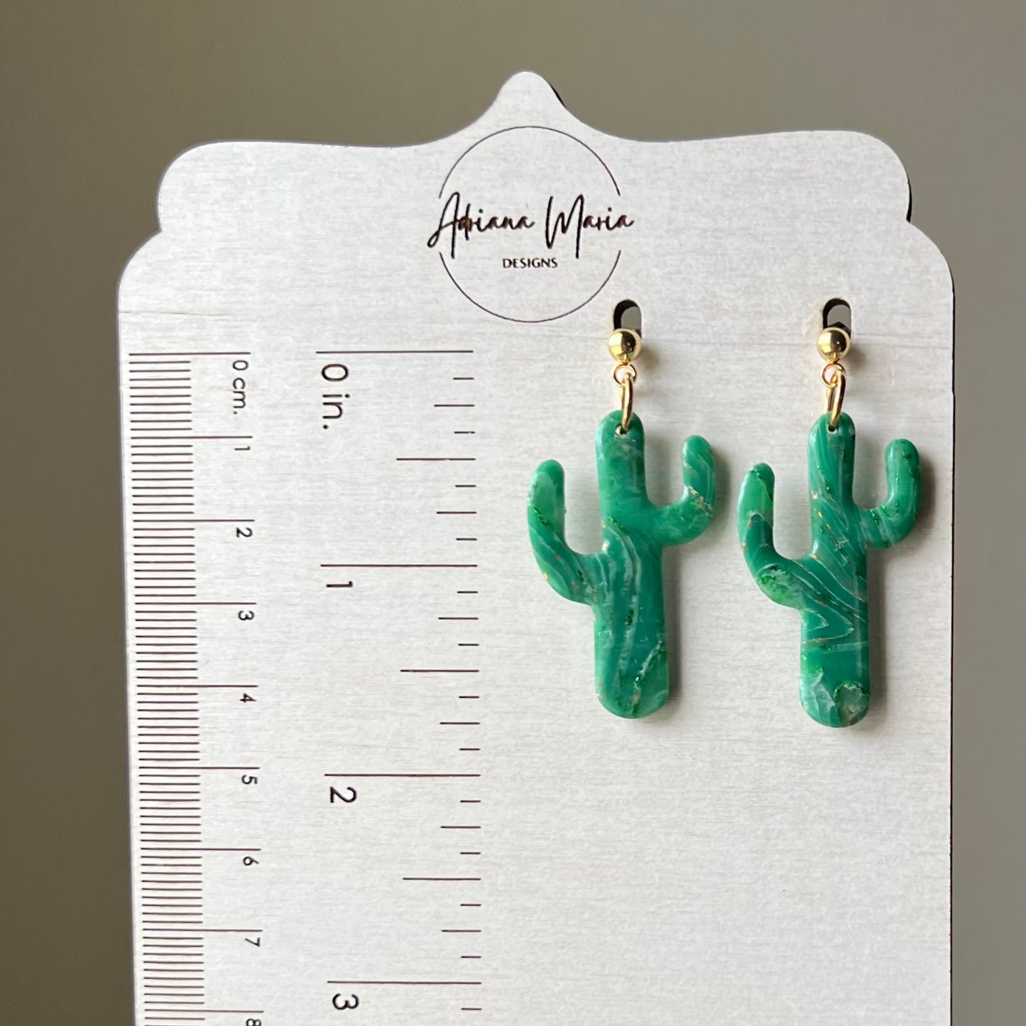 Green Marbled Cactus Polymer Clay Dangle Earrings