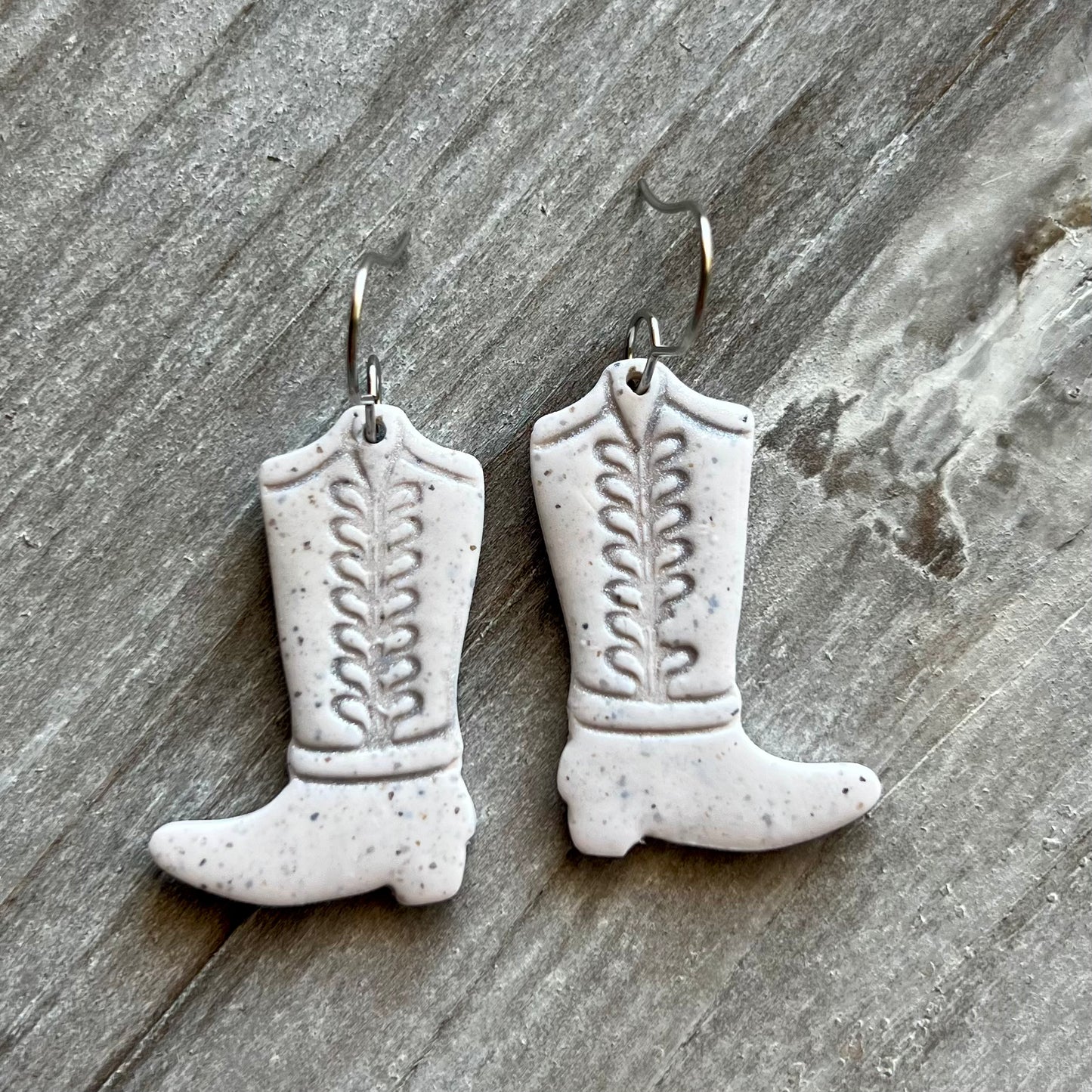 Colonial White Granite Cowboy Boots Polymer Clay Earrings