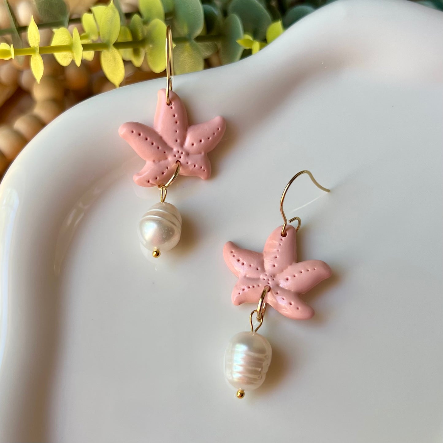 Starfish & Freshwater Pearl Polymer Clay Earrings