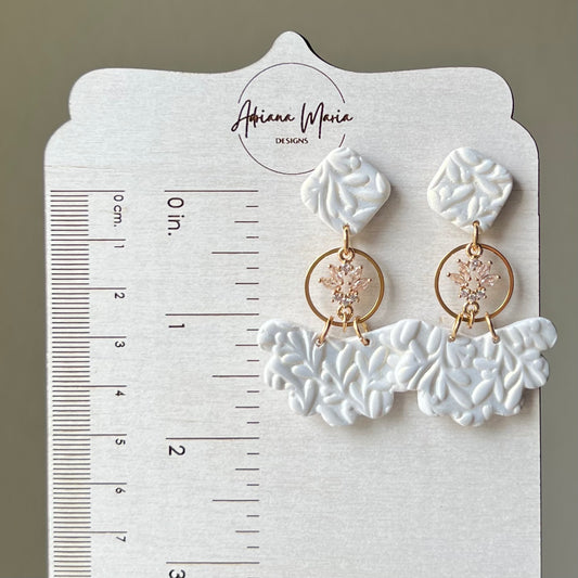 Polymer Clay Earrings - Bridal Collection: Pearl White Floral Textured Lightweight Dangles