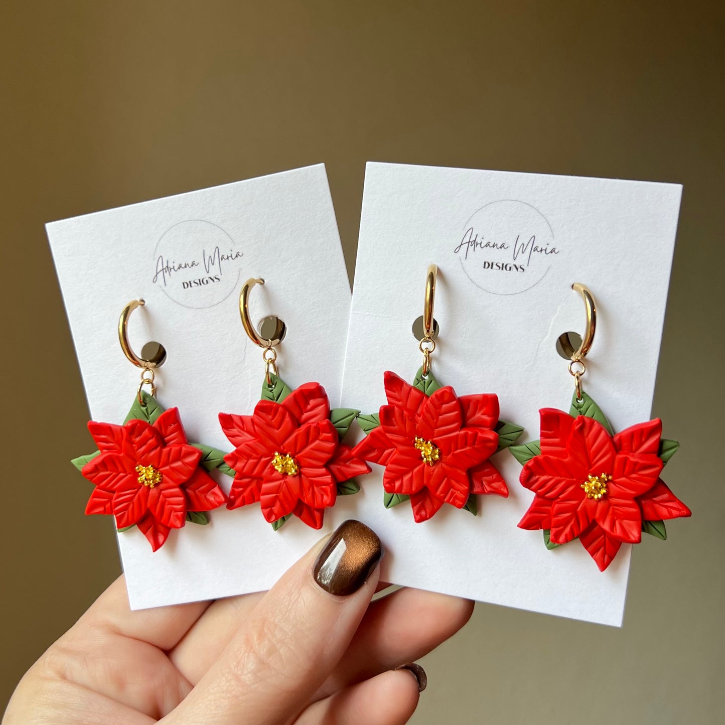 Red Poinsettia Polymer Clay Huggie Hoop Earrings