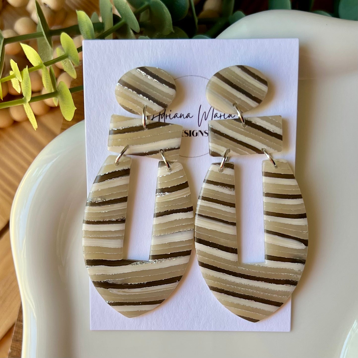 Neutral Stripes Translucent Polymer Clay Statement Earrings
