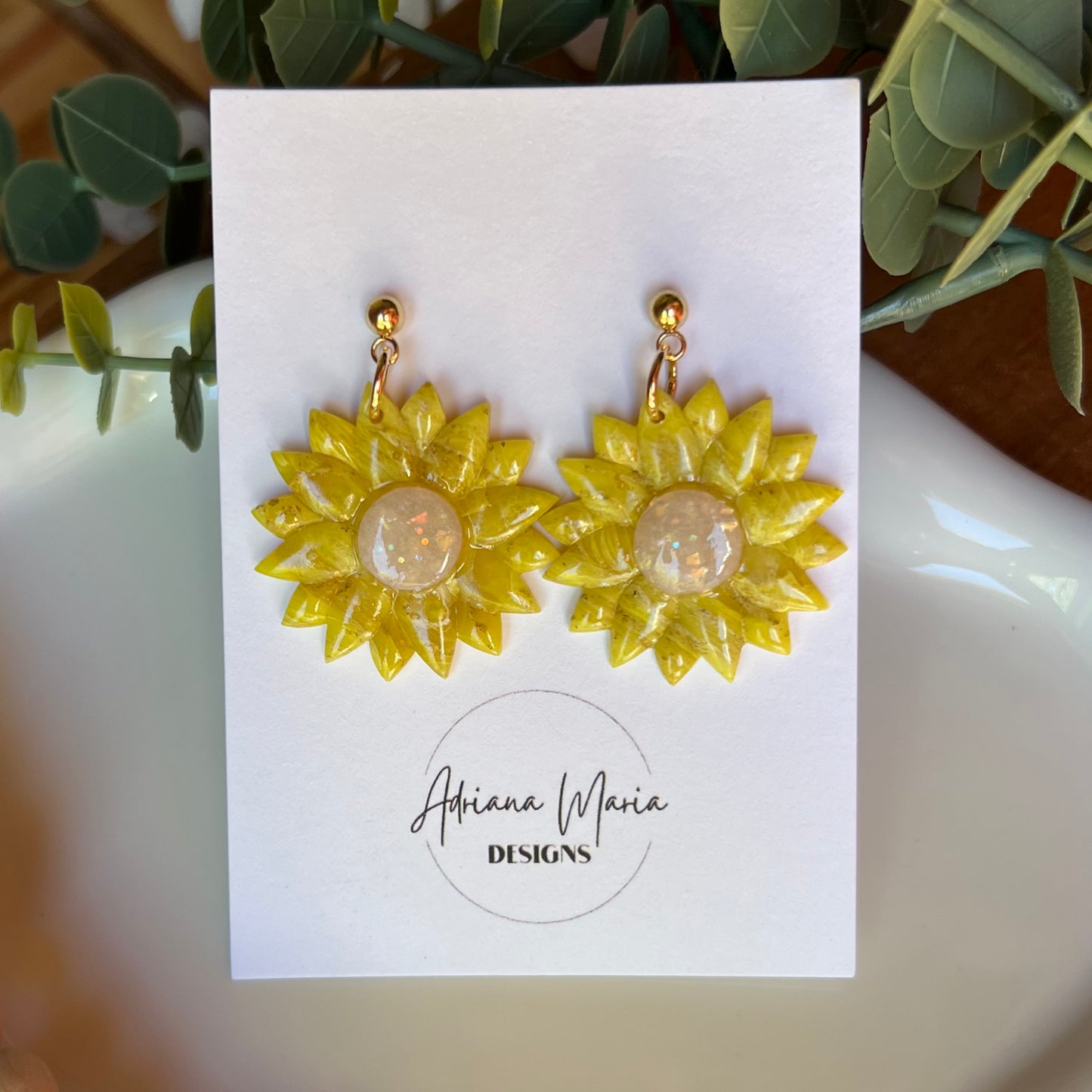Yellow Marbled Daisy Flower Polymer Clay Earrings