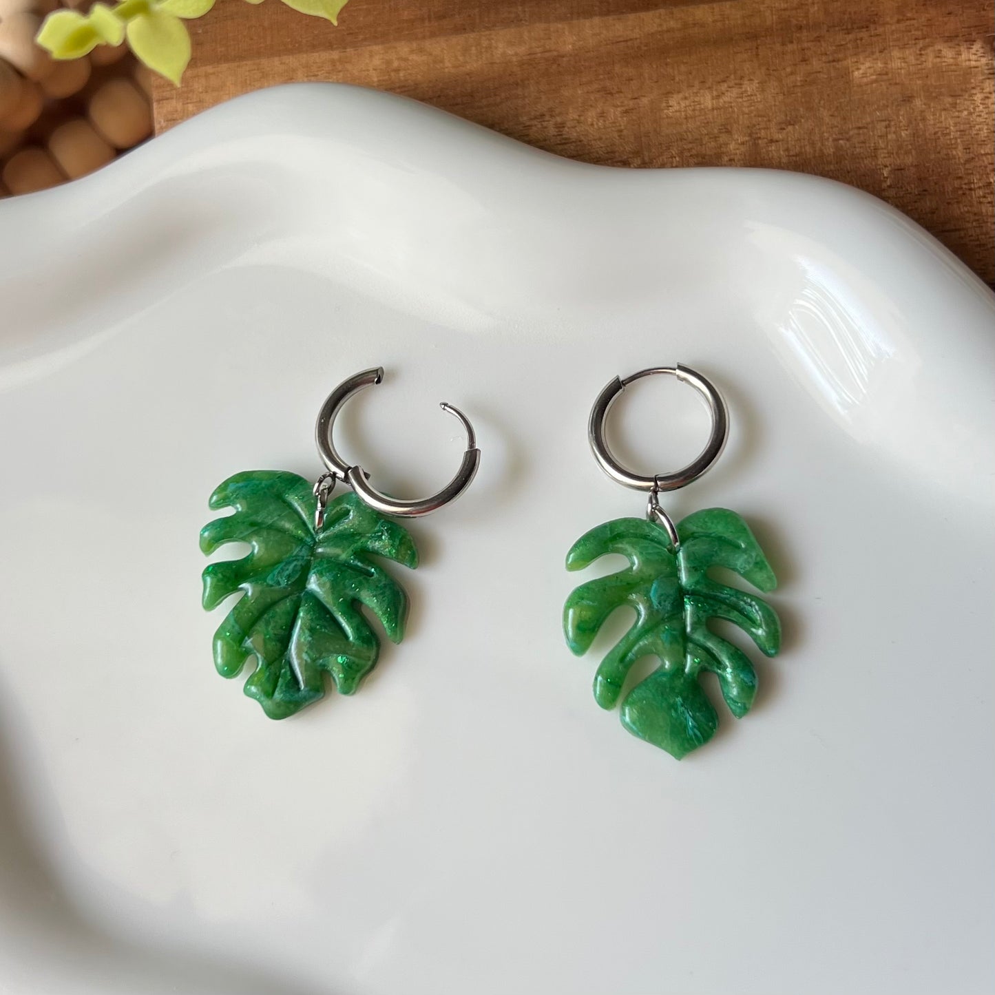 Green Monstera Leaf Polymer Clay Huggie Hoop Earrings