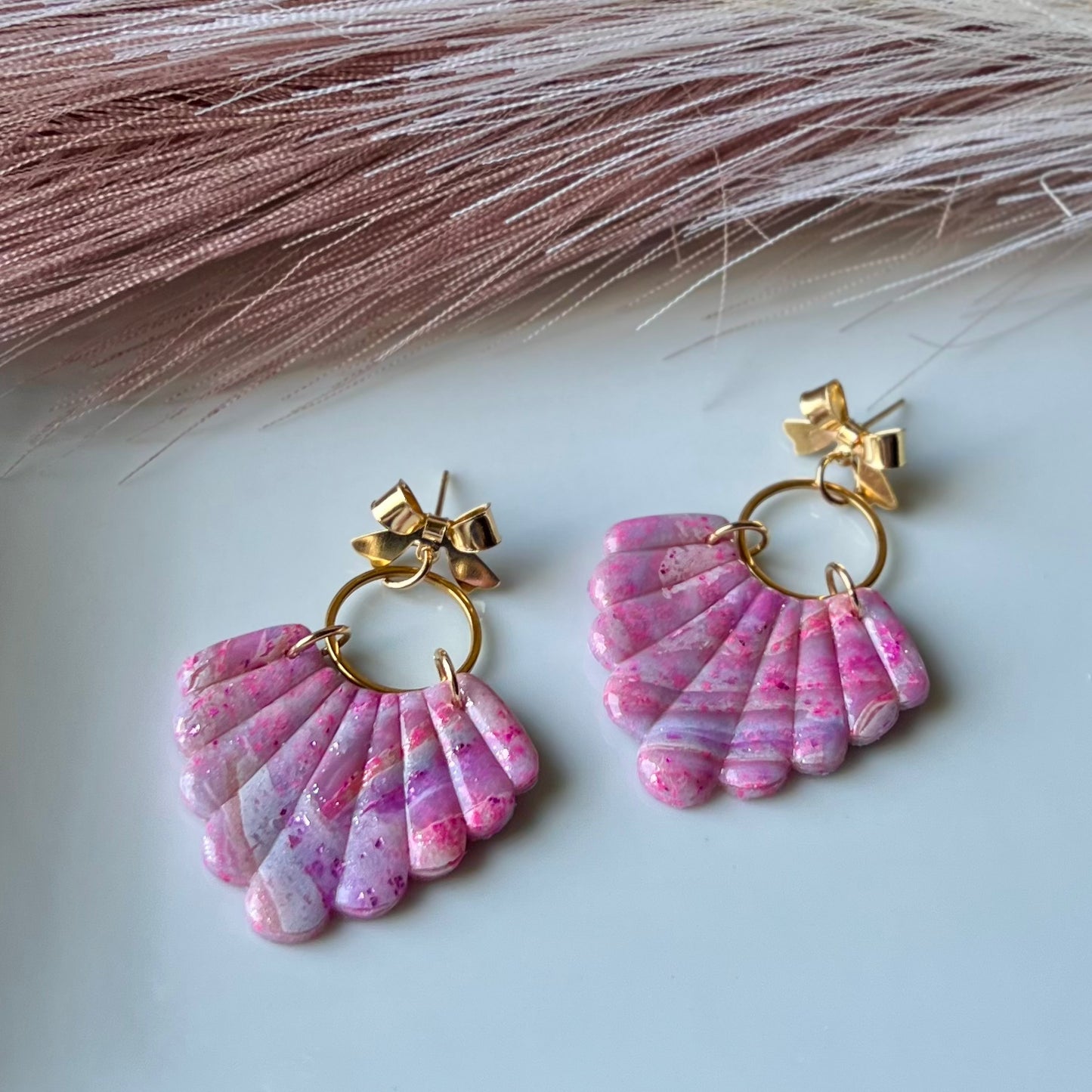 Pink & Purple Scalloped Fan Polymer Clay Earrings with Bow