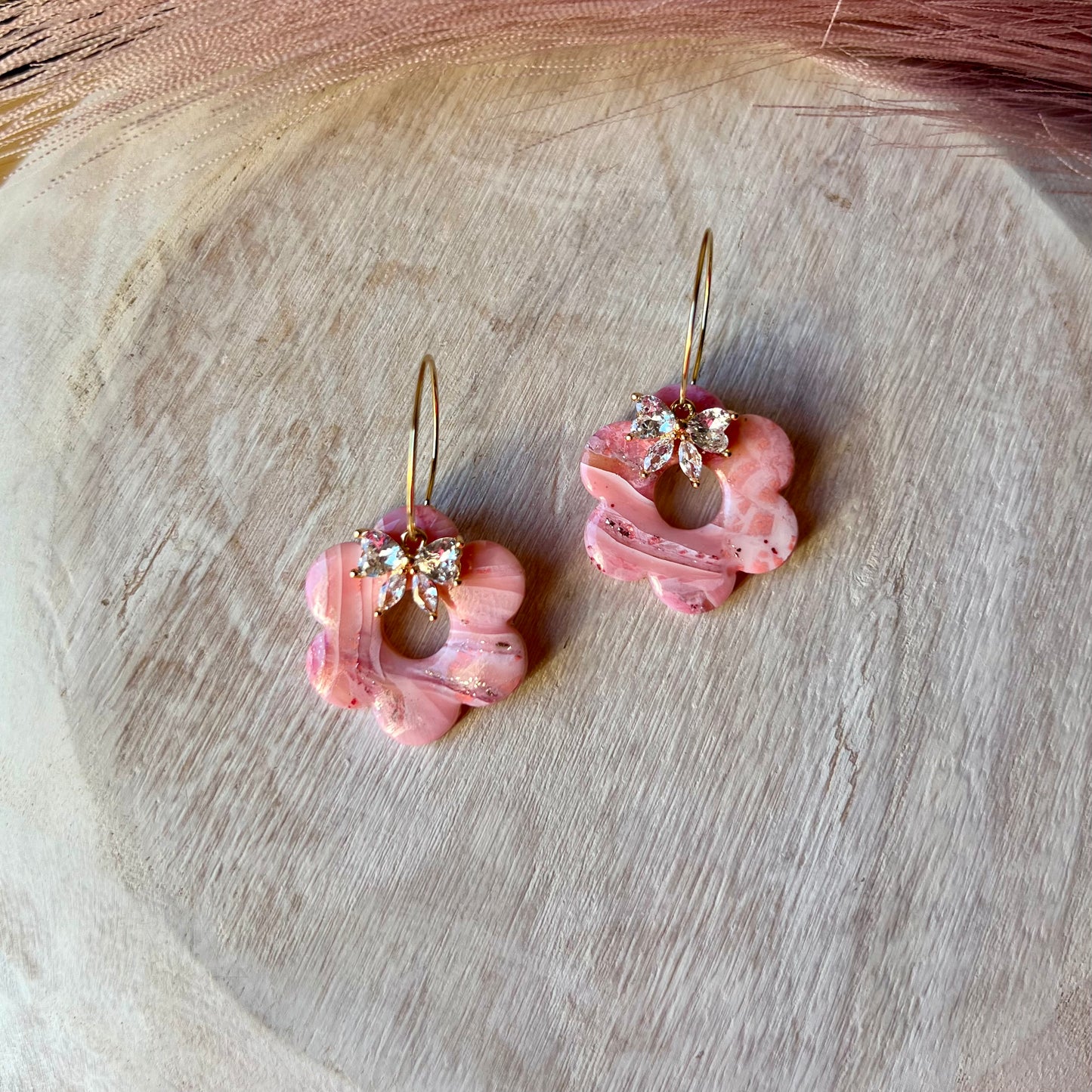 Rose Quartz Retro Flower Inspired Polymer Clay Hoop Earrings