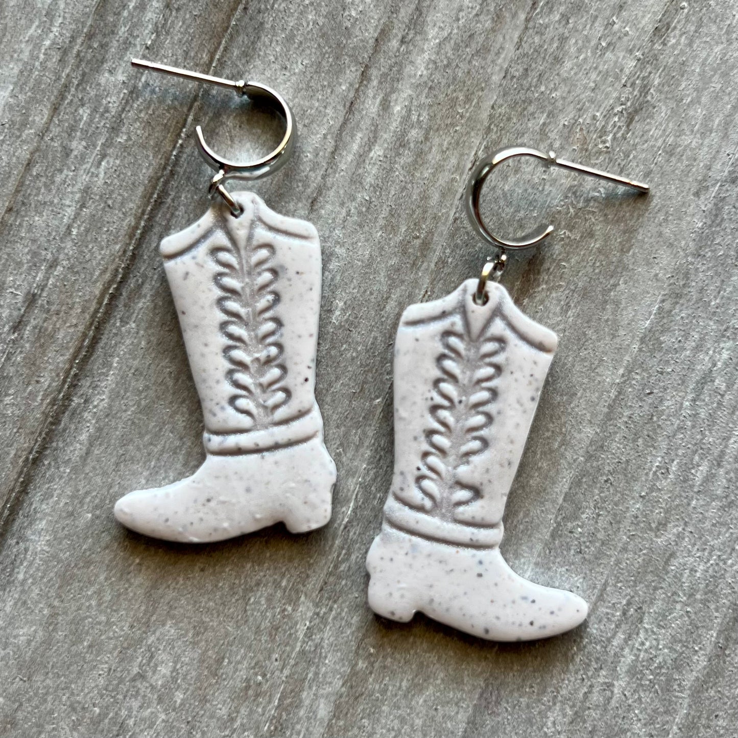 Colonial White Granite Cowboy Boots Polymer Clay Earrings