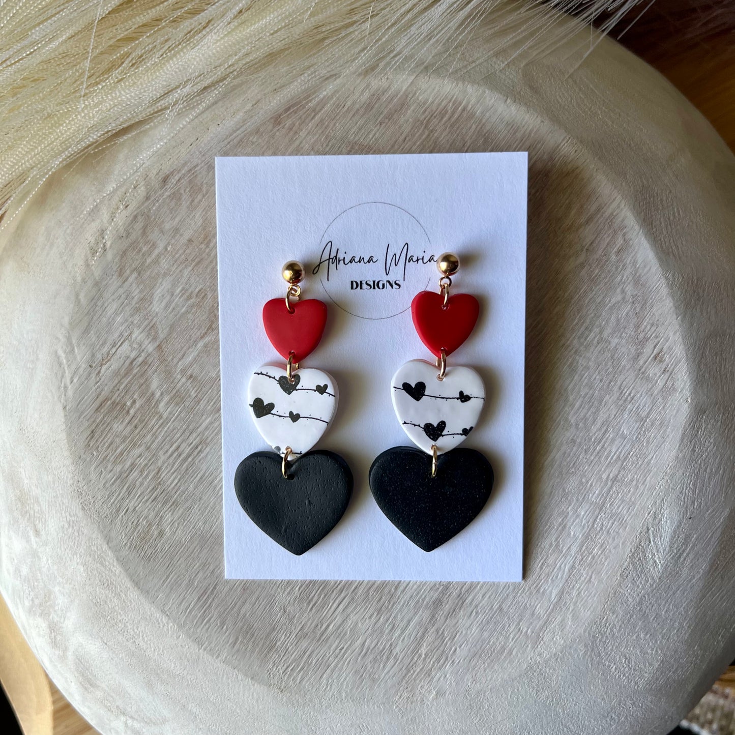 Red, White, and Black Triple Heart Polymer Clay Dangle Earrings