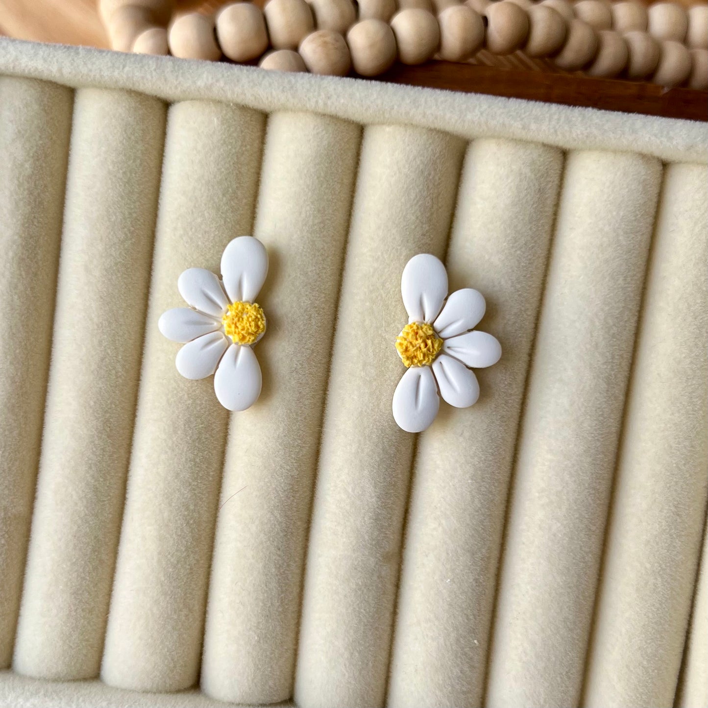 Spring White Half Daisy Polymer Clay Stud Earrings