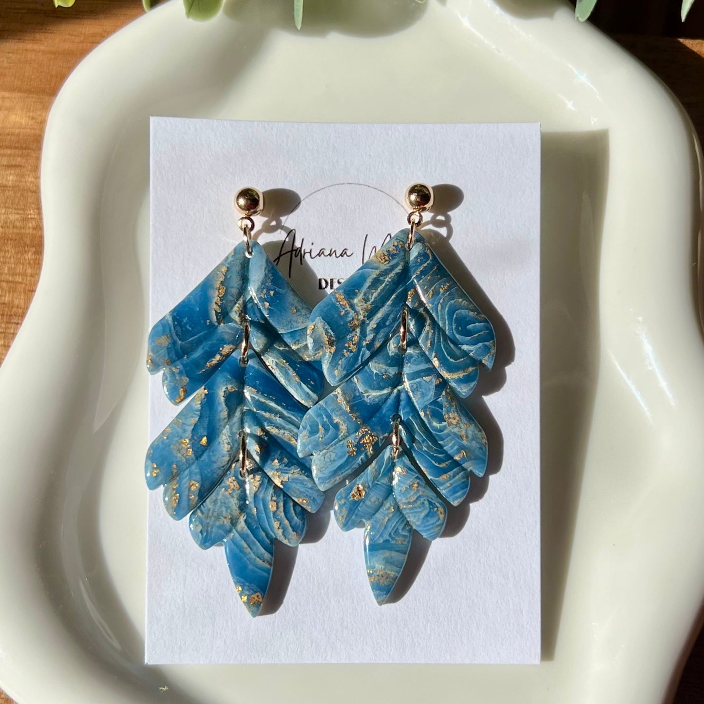 Blue Agate Foliage Polymer Clay Statement Earrings