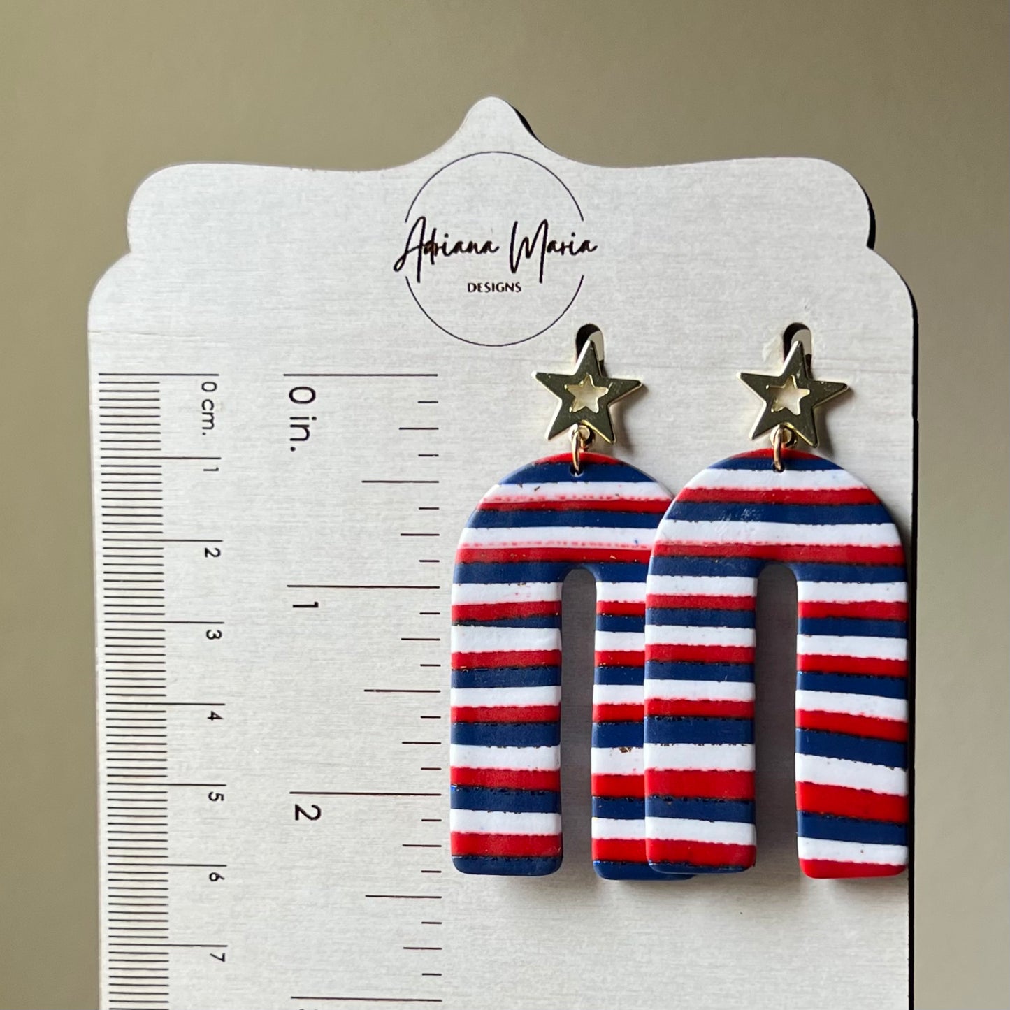 Red, Blue, and White Striped Long Arches Polymer Clay Dangle Earrings