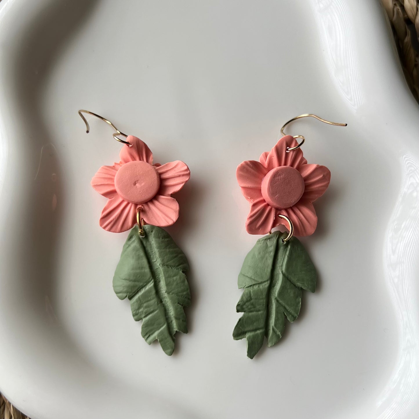 Coral Pink Flower Dangle Clay Earrings