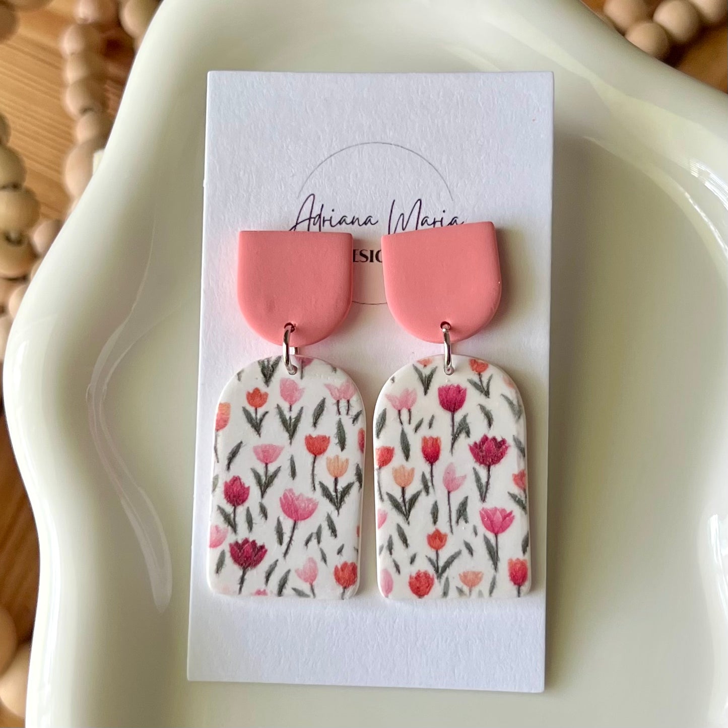 Coral Pink Tulip Arch Shaped Polymer Clay Dangle Earrings