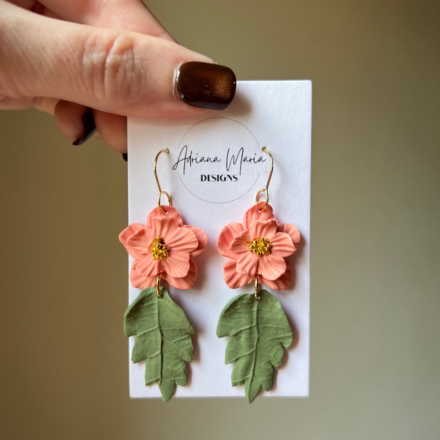 Coral Pink Flower Dangle Clay Earrings