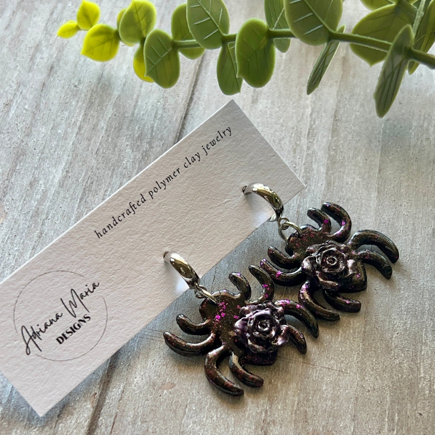 Black & Purple Spider with Rose Polymer Clay Half Hoop Earrings