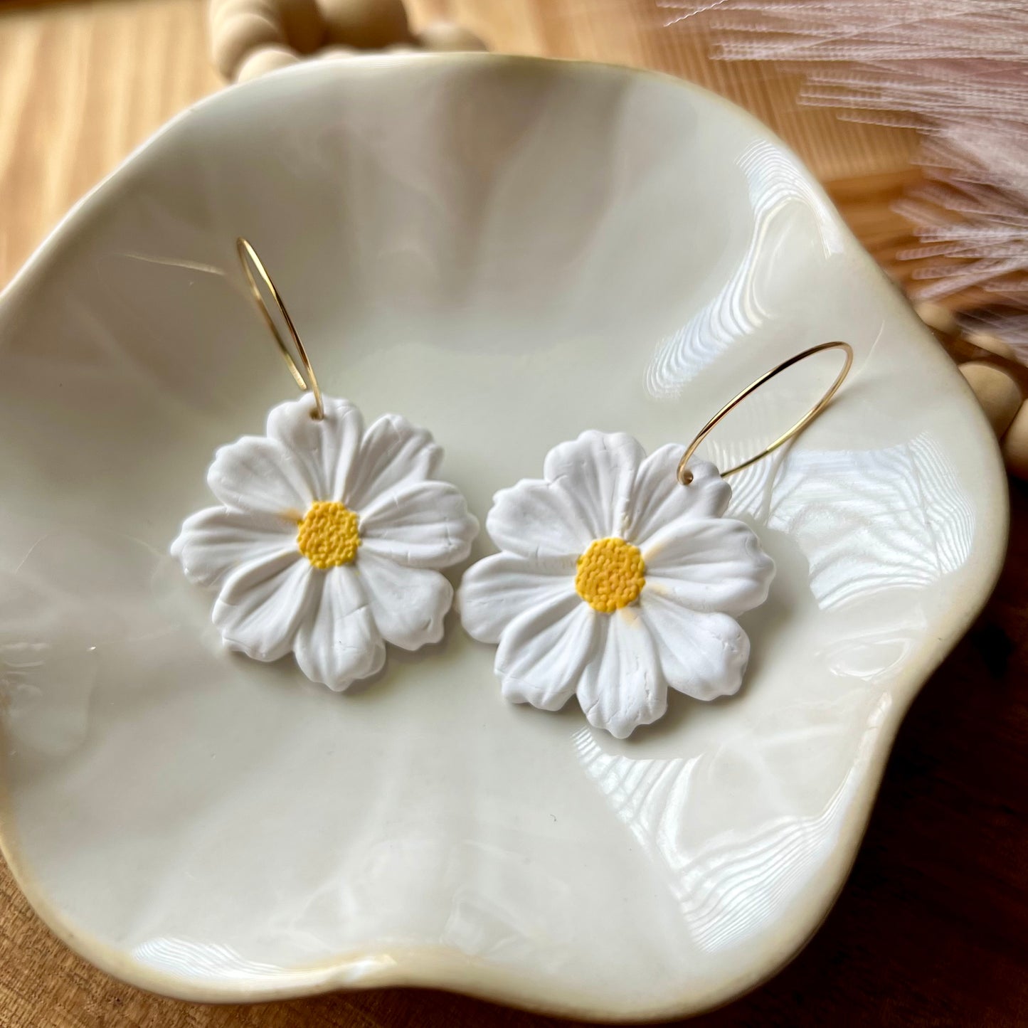 Spring White Daisy Polymer Clay Earrings