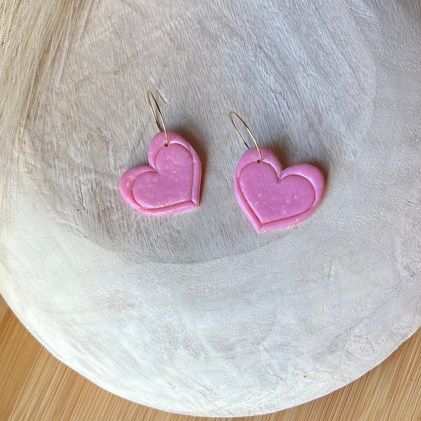 Pink Opal Inspired Heart Polymer Clay Hoop Earrings
