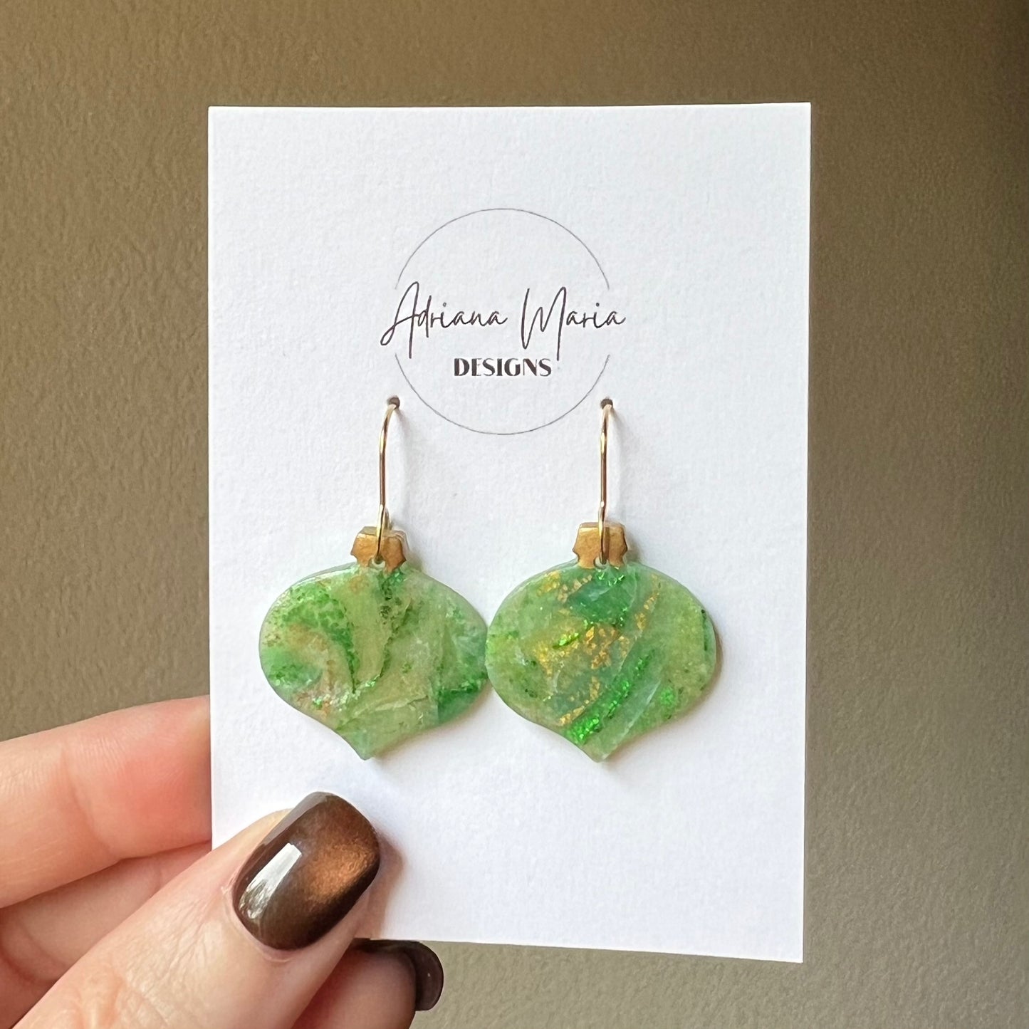 Green marbled Christmas Ornament Polymer Clay Earrings