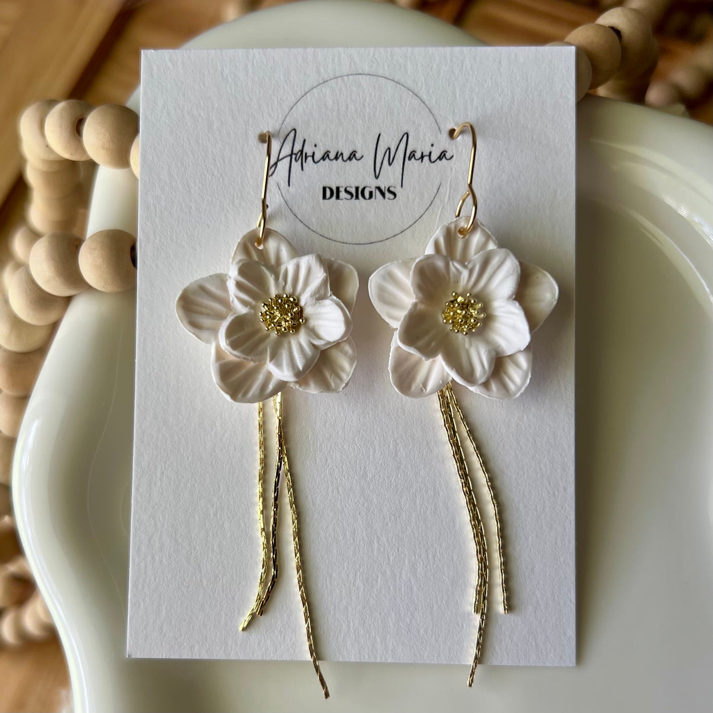 White Flower & Chain Polymer Clay Dangle Earrings