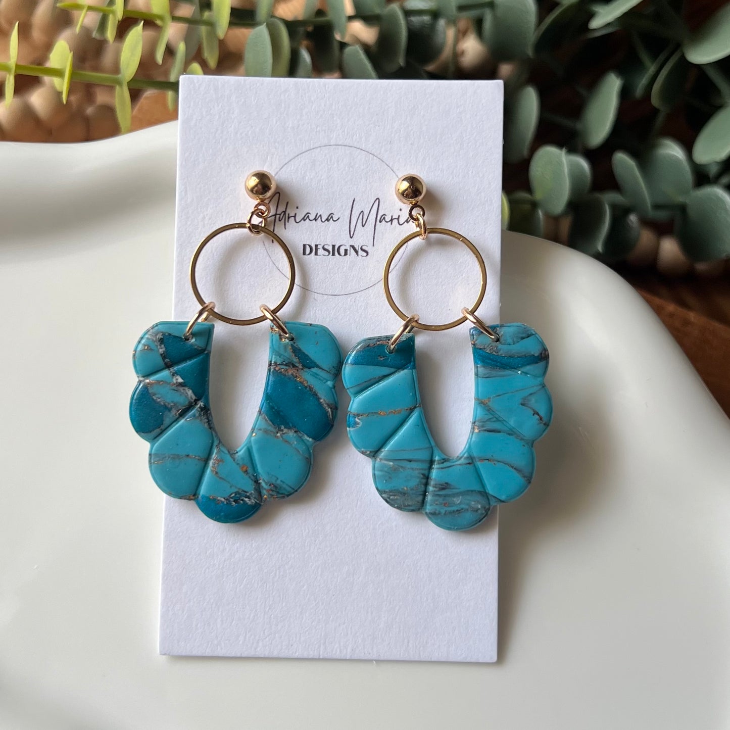 Turquoise Inspired Scalloped Polymer Clay Dangle Earrings