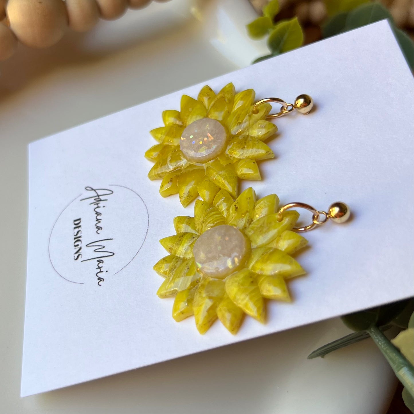 Yellow Marbled Daisy Flower Polymer Clay Earrings