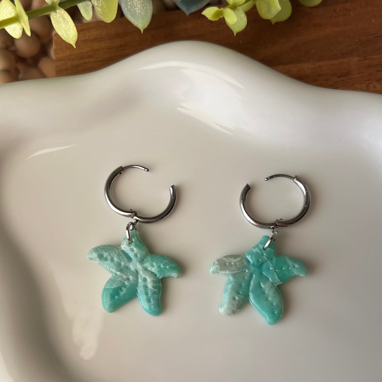 Ocean Waves Starfish Polymer Clay Hoop Earrings