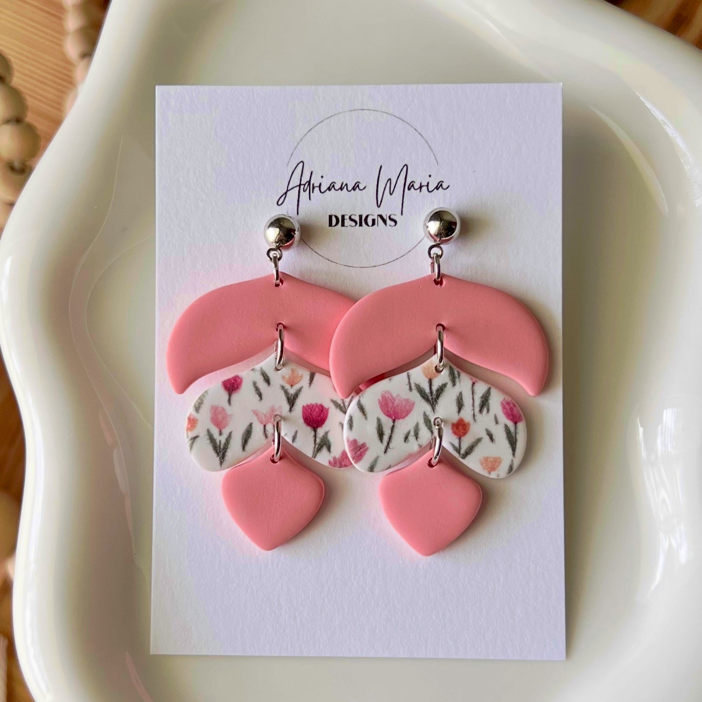 Tulip Print Polymer Clay Dangle Earrings