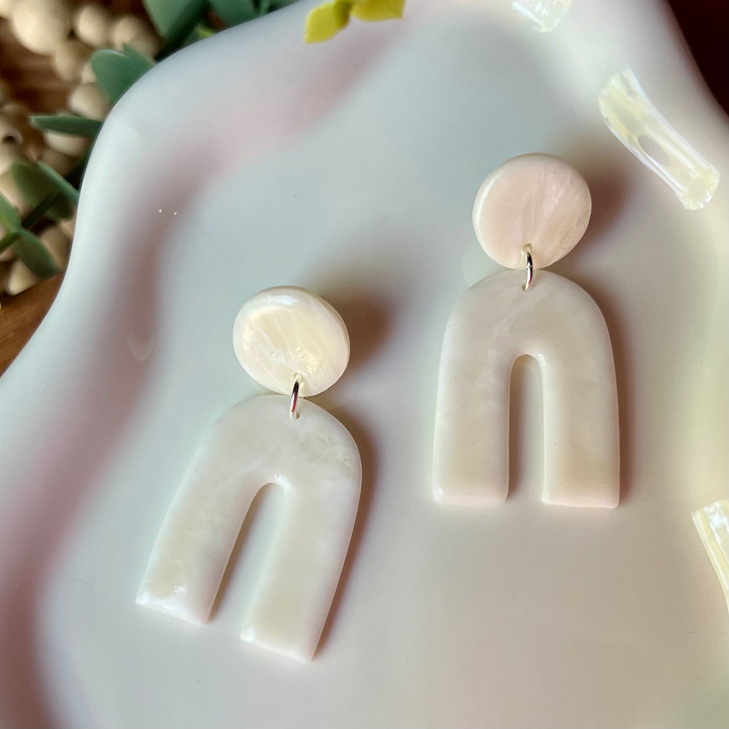 White & Translucent Marbled Arch Polymer Clay Earrings