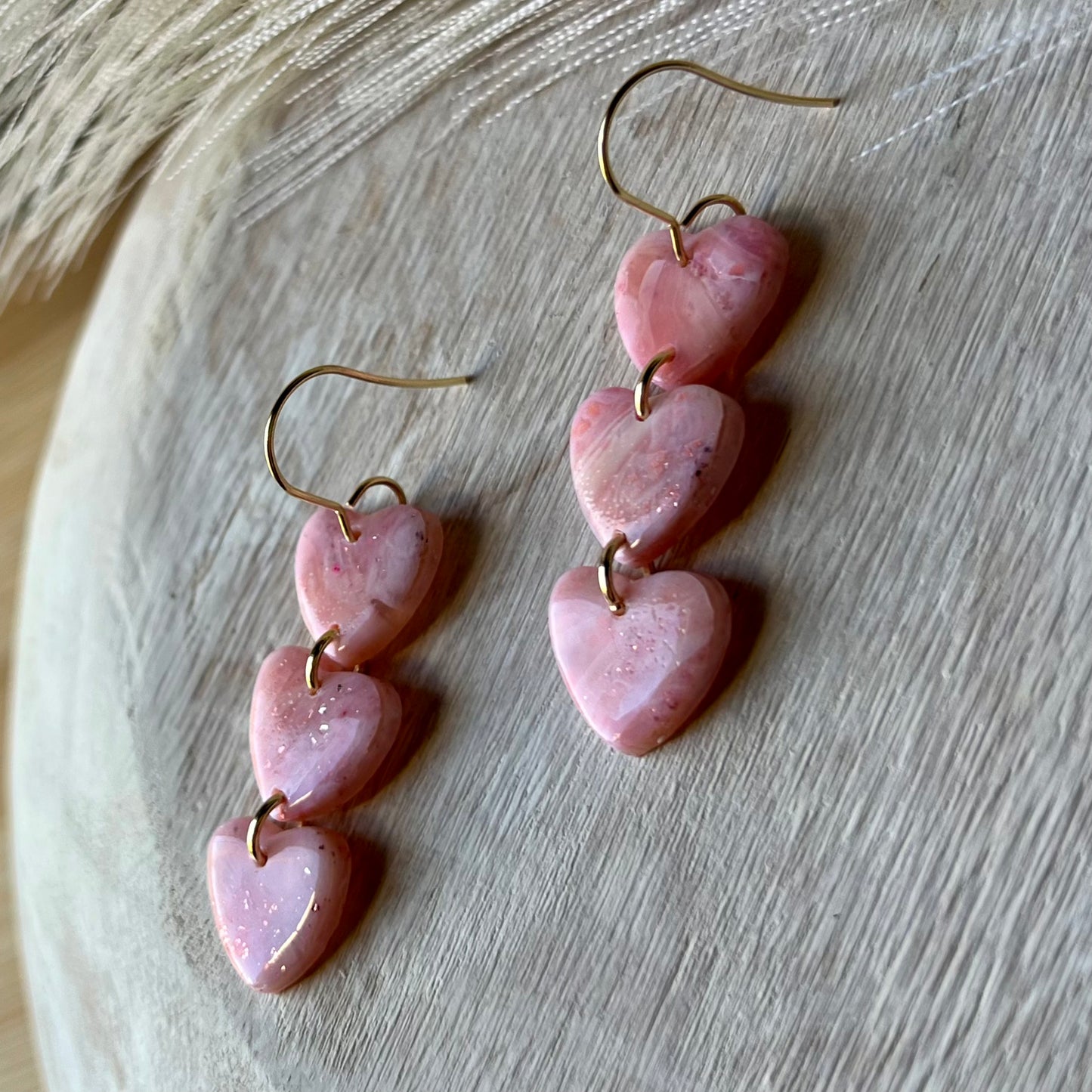 Soft Pink Marbled Triple Heart Polymer Clay Earrings