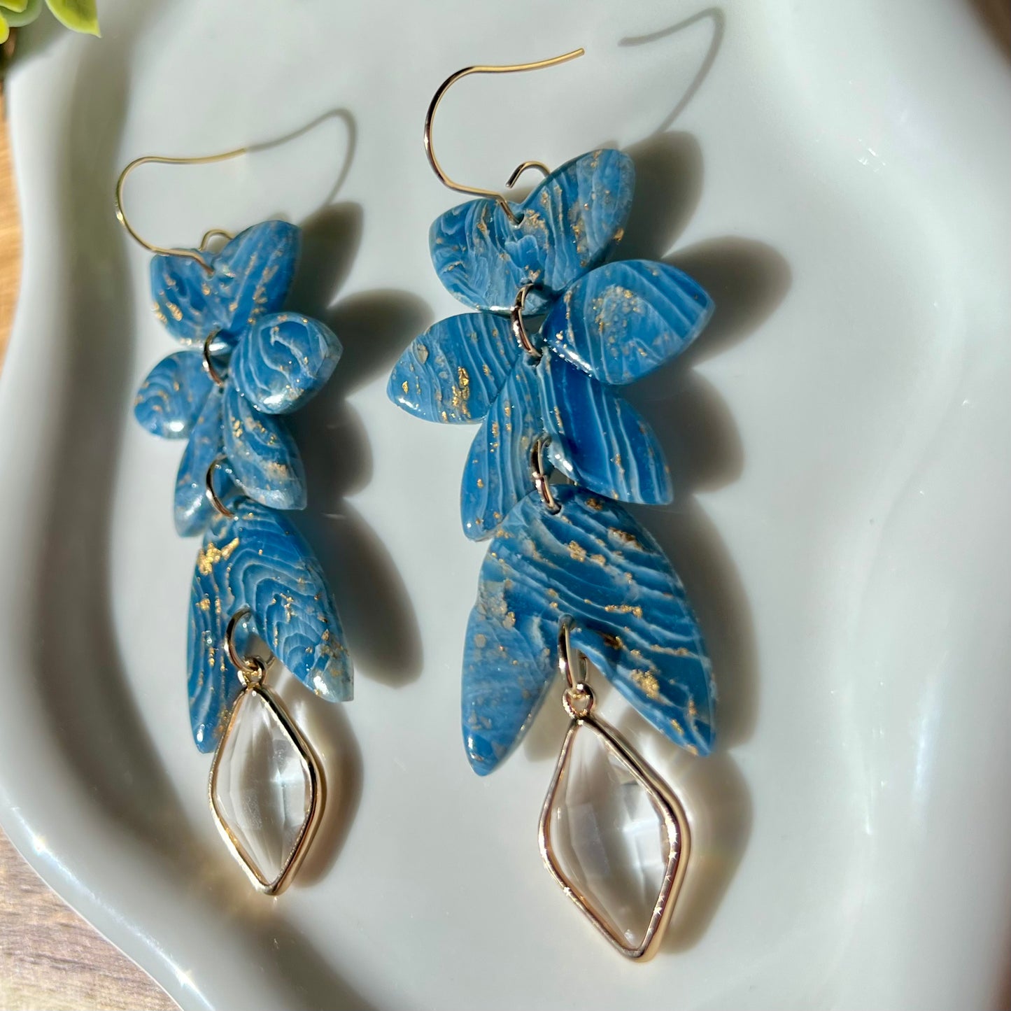 Blue Agate Marbled Polymer Clay Statement Earrings