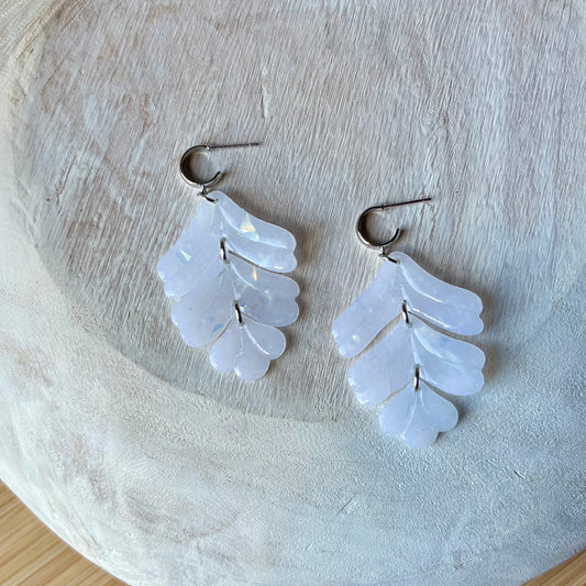 Polymer Clay Earrings - Holographic Translucent Feather Dangles with Half Hoops