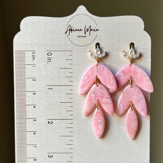 Polymer Clay Earrings - Soft Pink Marbled Leaf, Lightweight Dangles
