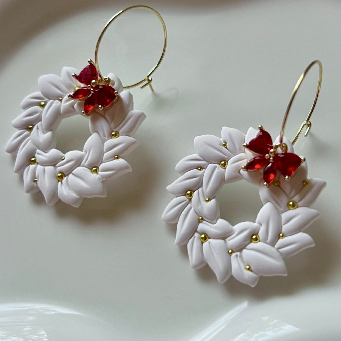 White Christmas Wreath Polymer Clay Hoop Earrings