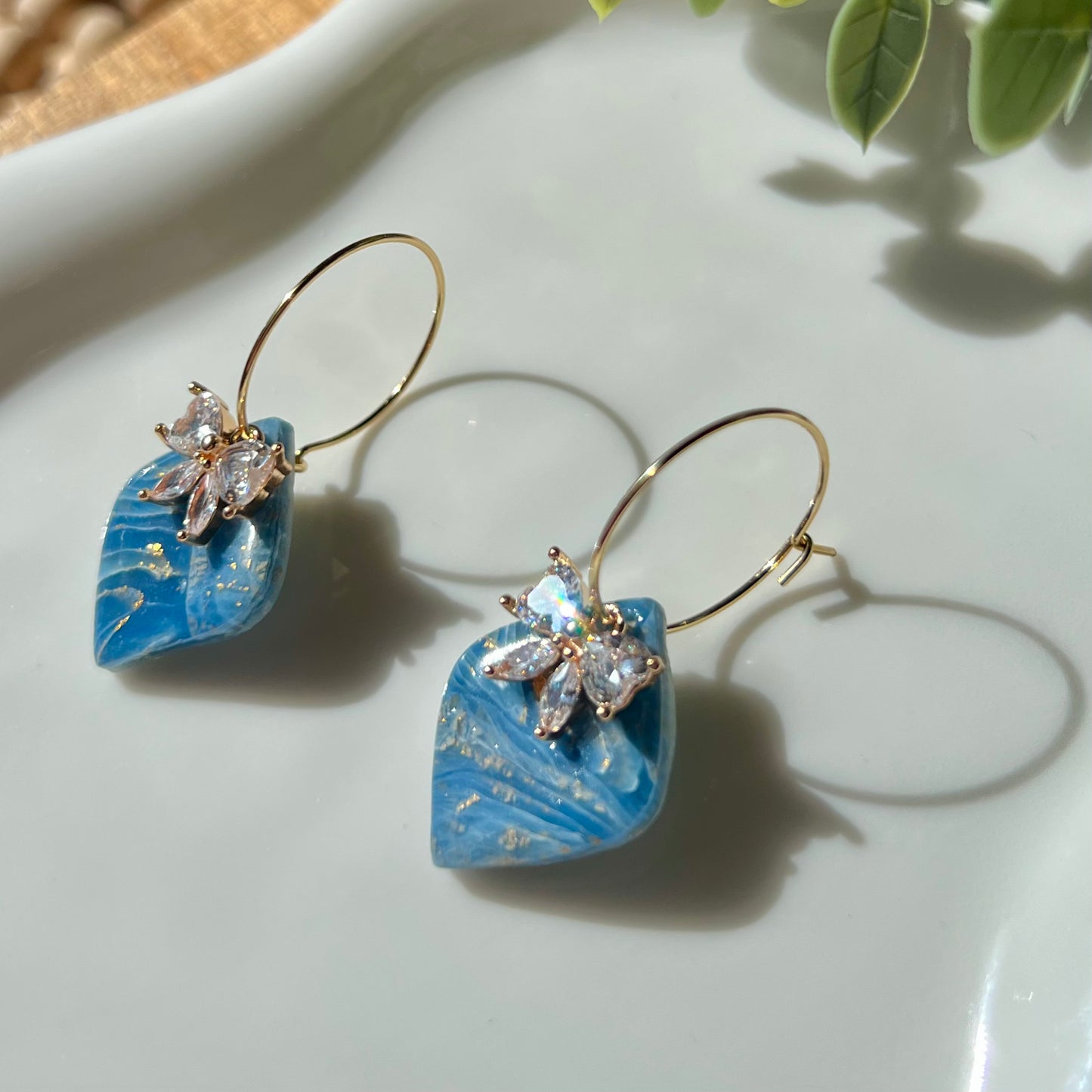 Blue Agate Diamond Shaped Polymer Clay Hoop Earrings with Bow CZ Pendant