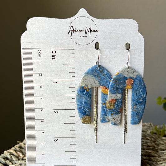 Polymer Clay Earrings - Blue Marble Arch Statement Dangles with Gold Detail
