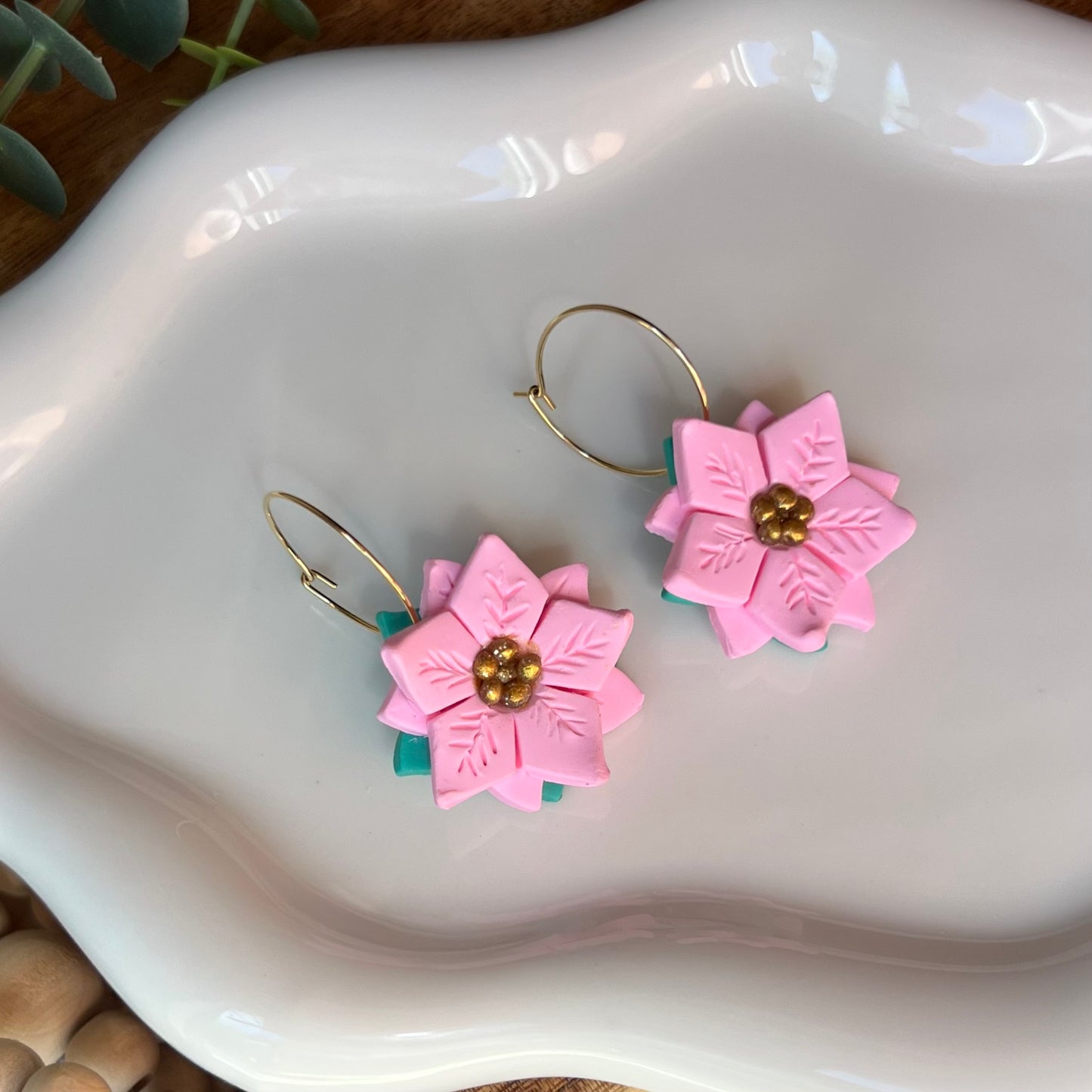 Pink Christmas Poinsettia Polymer Clay Hoop Earrings
